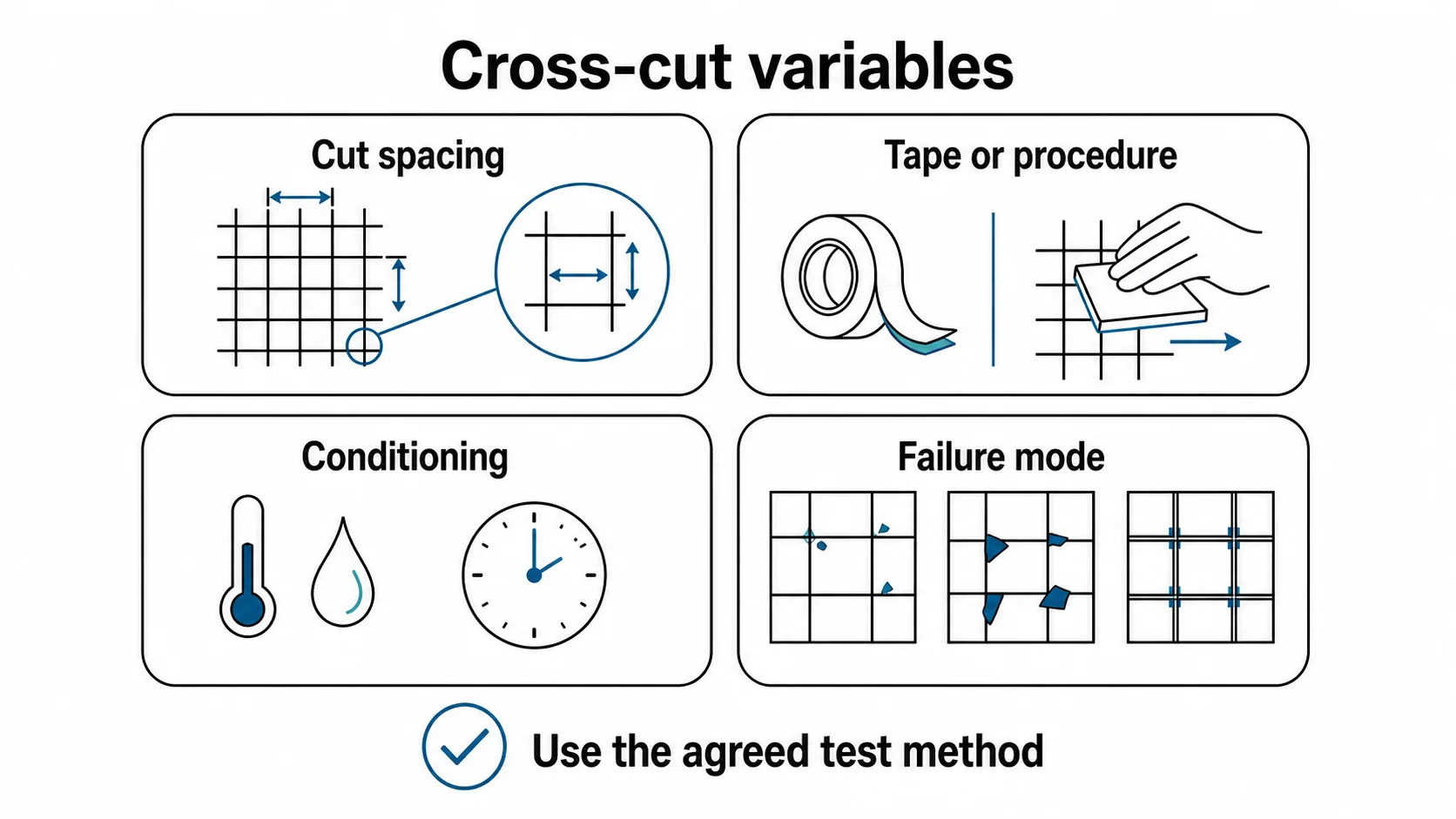 Cross-cut test variables include cut spacing, tape or procedure, conditioning and failure-mode classification.