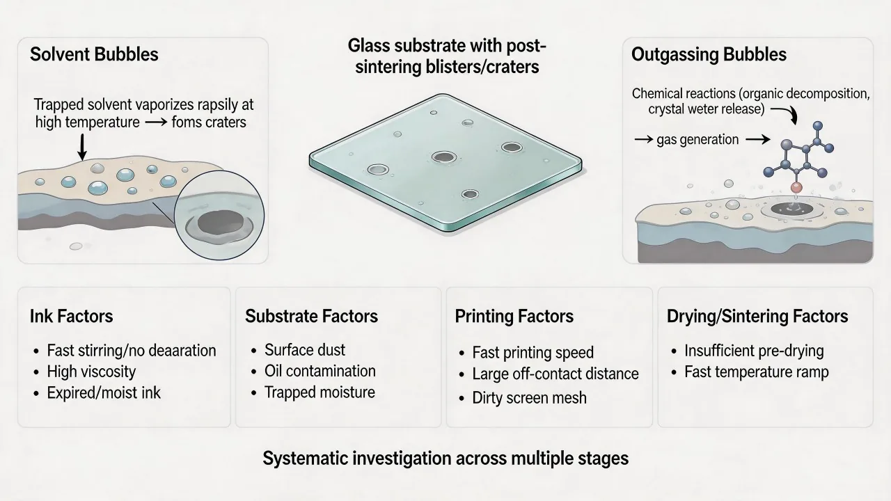 Fired bubbles can originate from trapped solvent, material outgassing, contamination or thermal history.