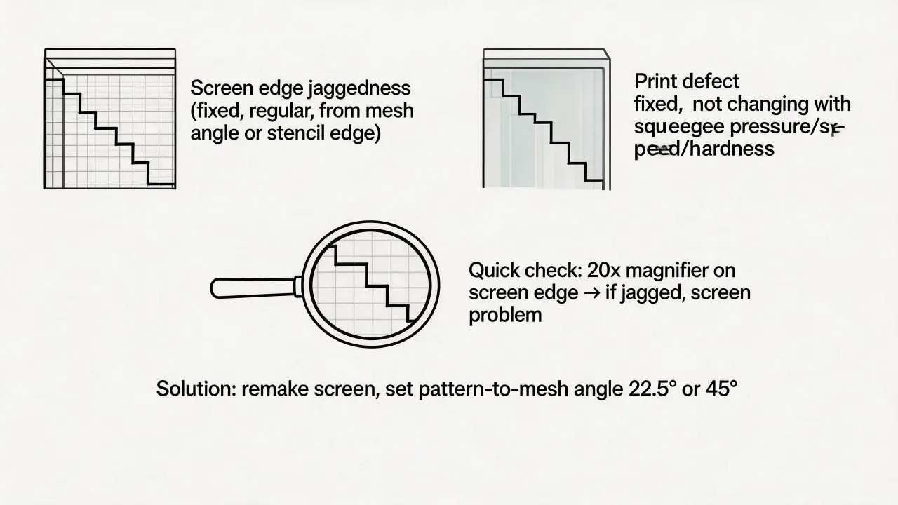 Fixed, repeating edge steps can point toward artwork, stencil or mesh geometry; verify before remaking a screen.