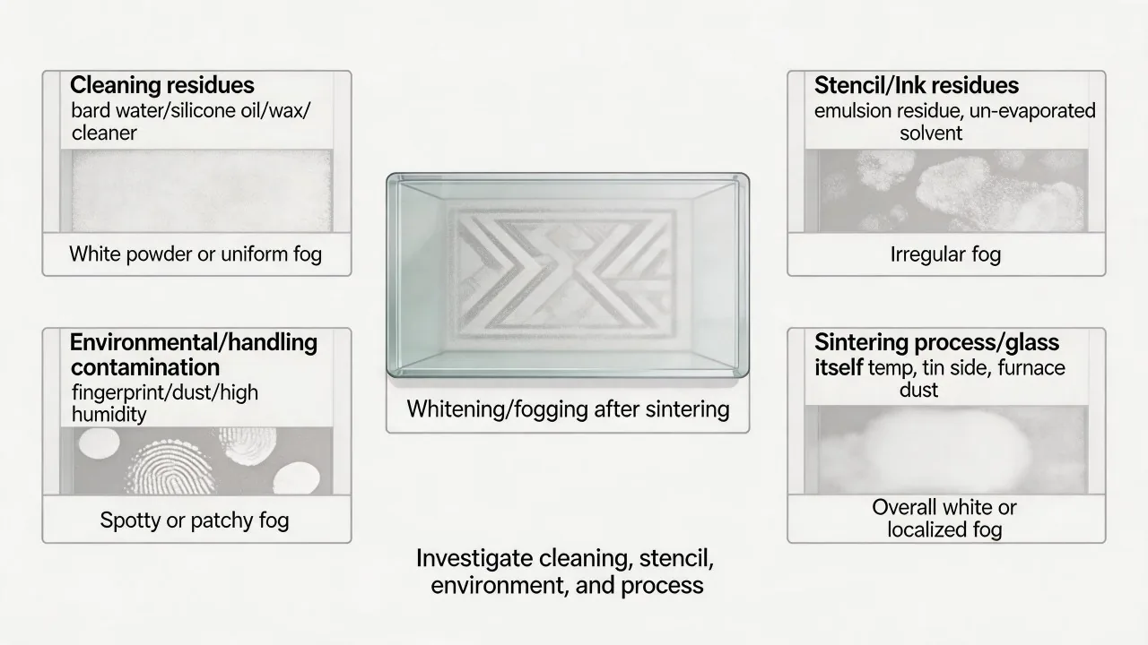 Fogging after firing can originate from glass, cleaning, ink, handling or furnace contamination.