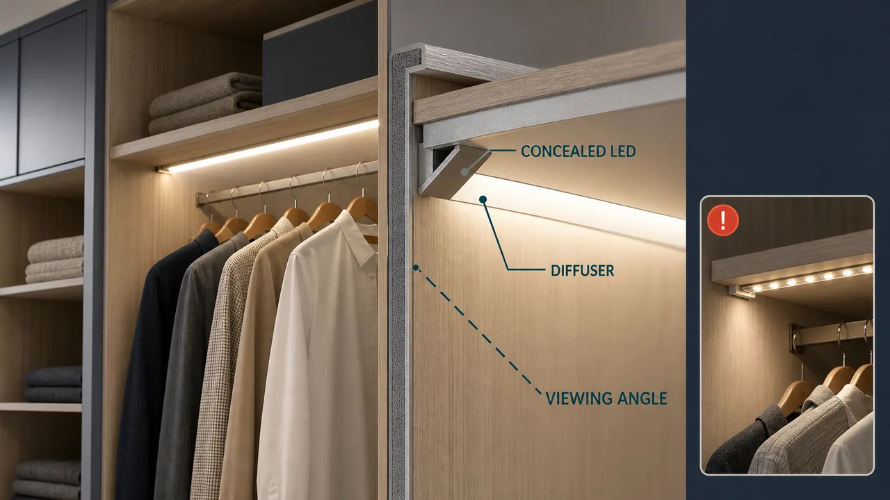 Wardrobe lighting layout with concealed linear sources and controlled glare