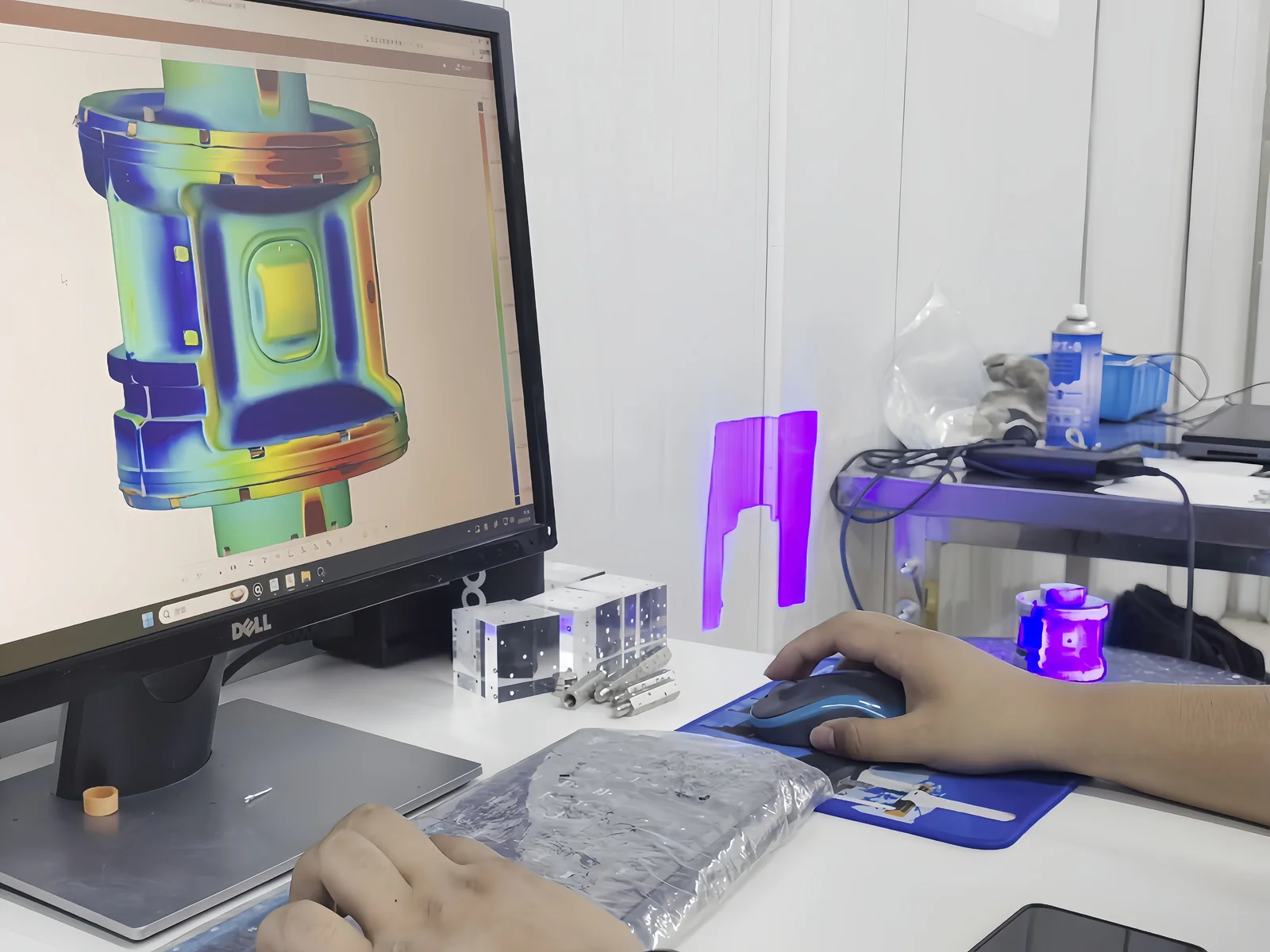 Inspection workstation displaying a colour-mapped three-dimensional component beside a scanner