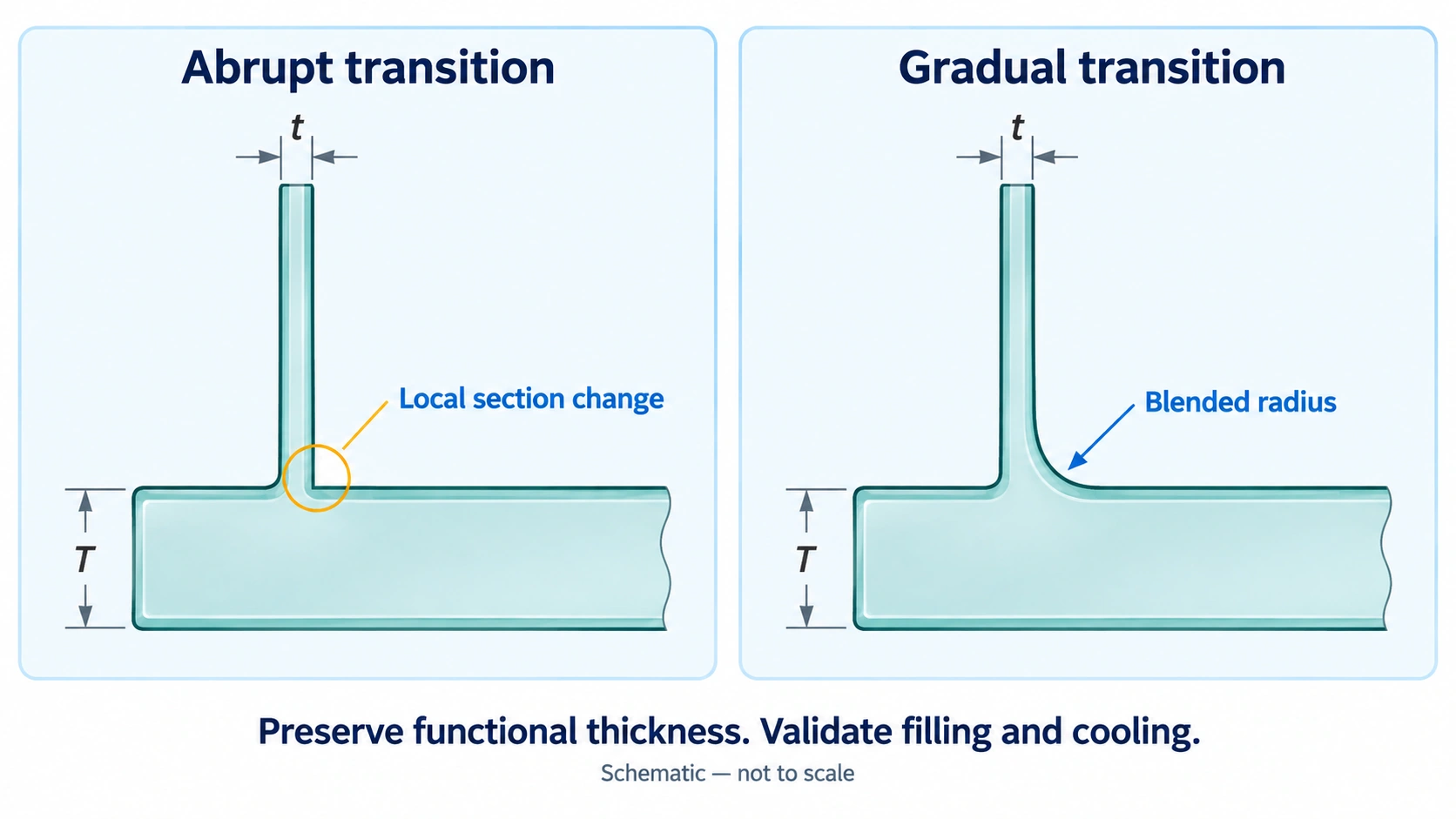 Side-by-side sections comparing an abrupt wall-to-flange junction with a blended radius, labelled t and T