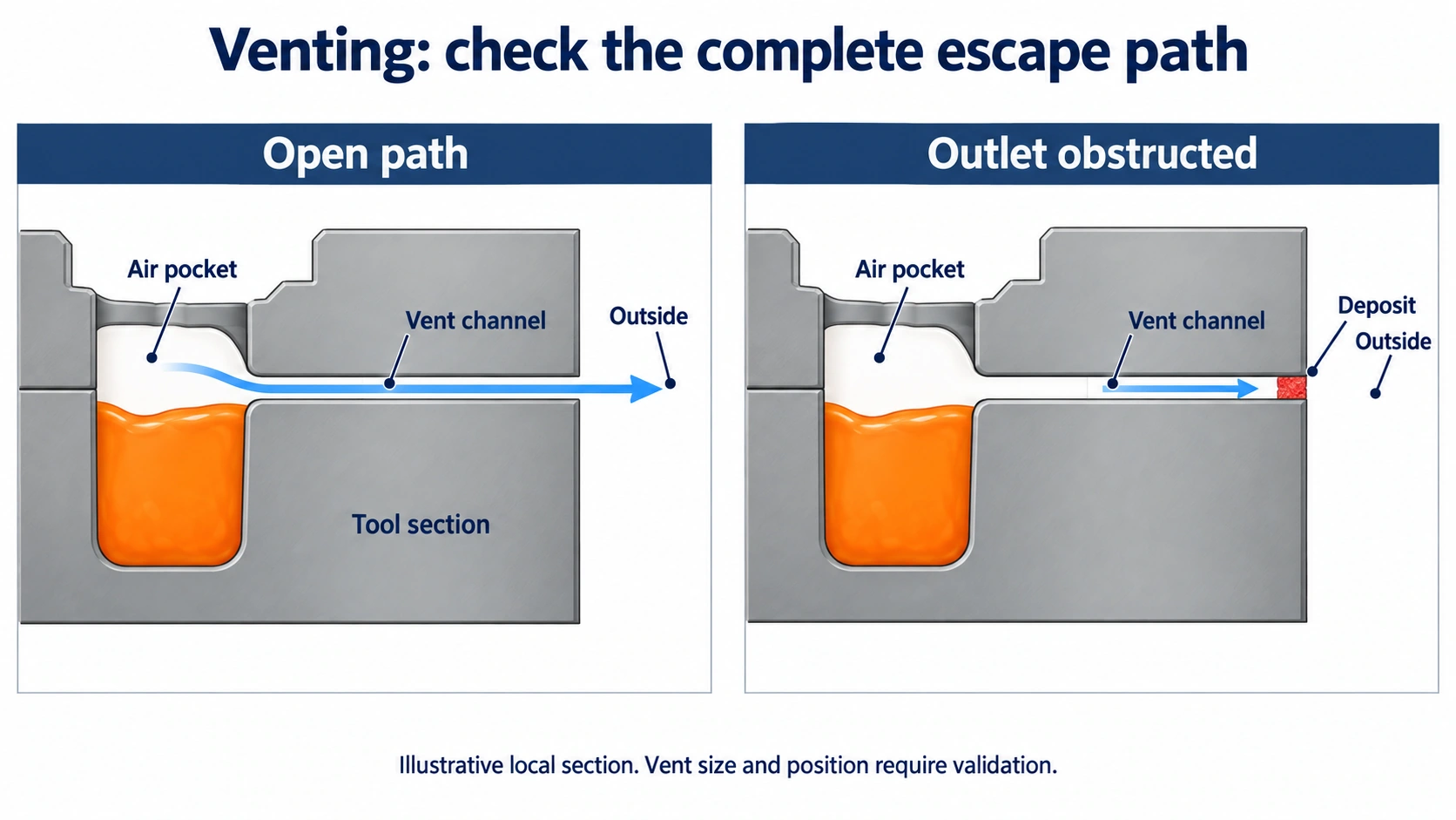Magnified mould interface sections comparing a continuous air escape channel with an outlet blocked by a deposit