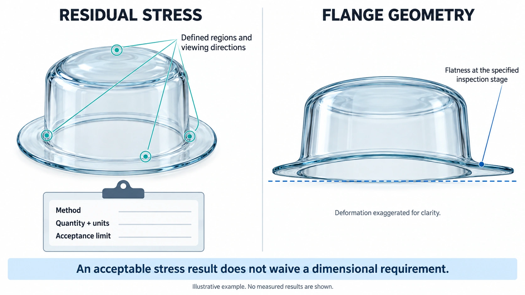 A flanged glass cover with stress inspection regions beside a second view showing exaggerated flange deformation relative to a dashed reference