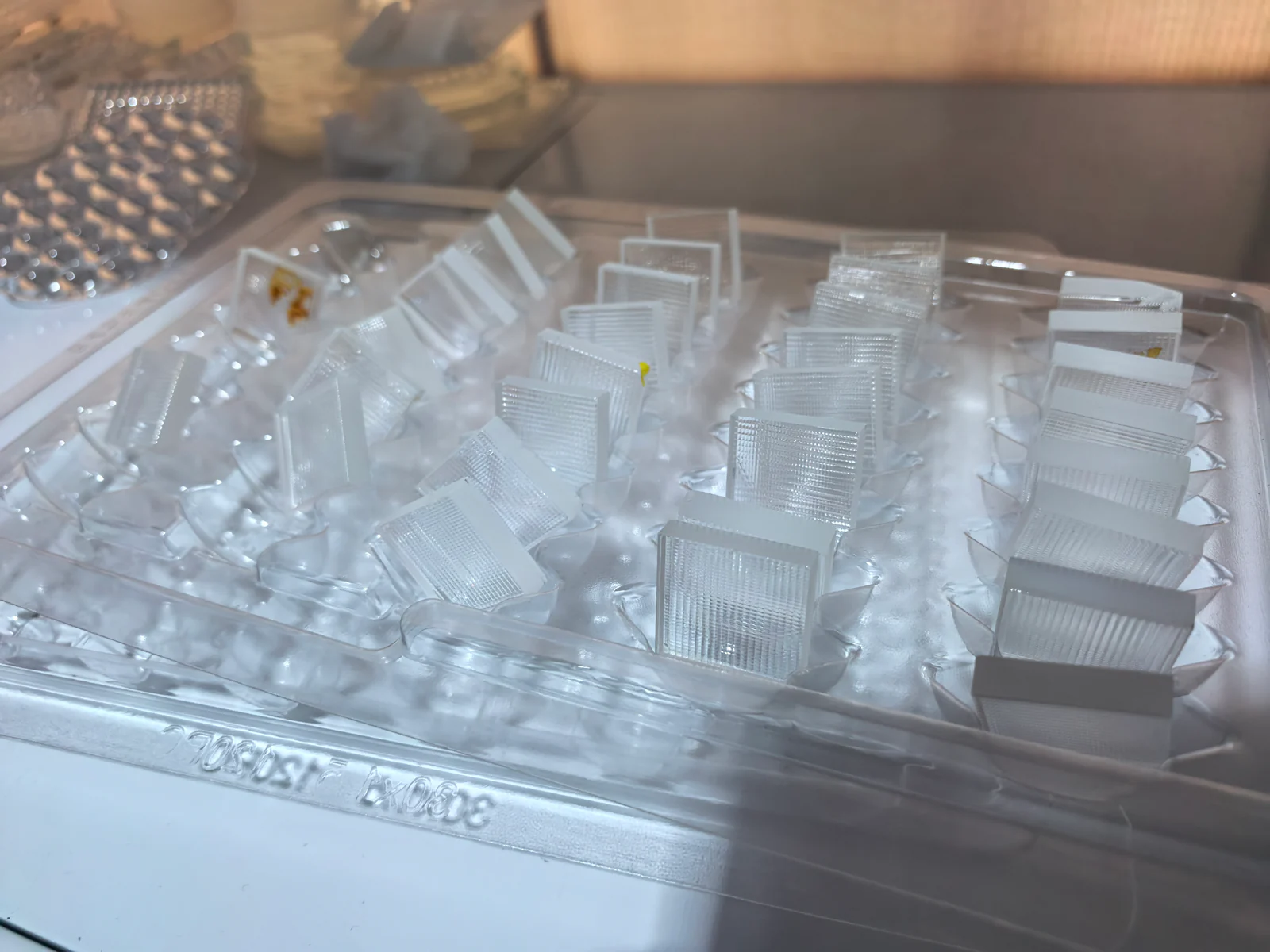 Rows of small glass components with textured rectangular faces held in compartmented trays