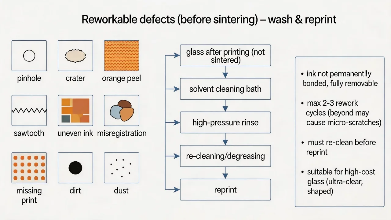 Initial rework screening by ink state, cure or firing stage and glass-surface condition.