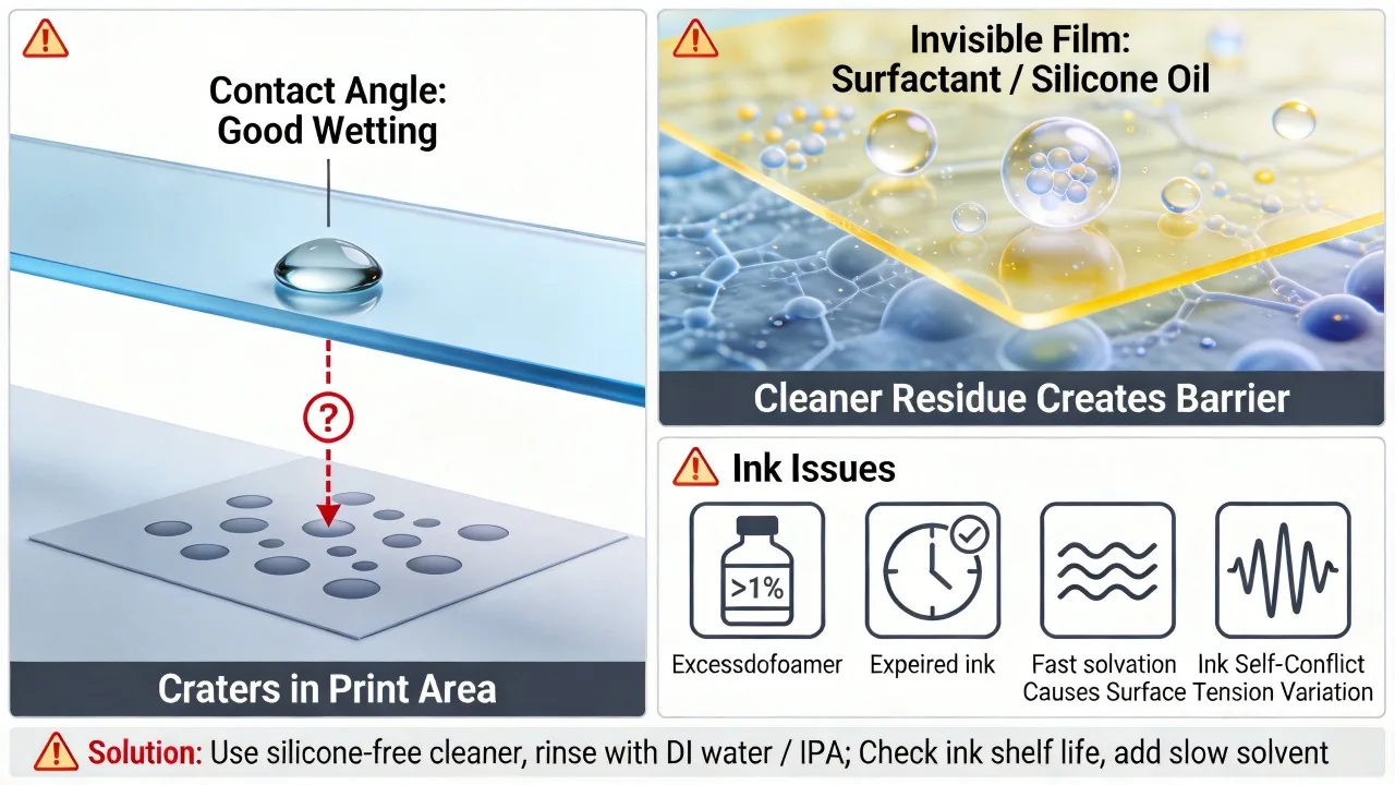 A normal contact-angle reading may miss localized cleaner, silicone or additive residue.