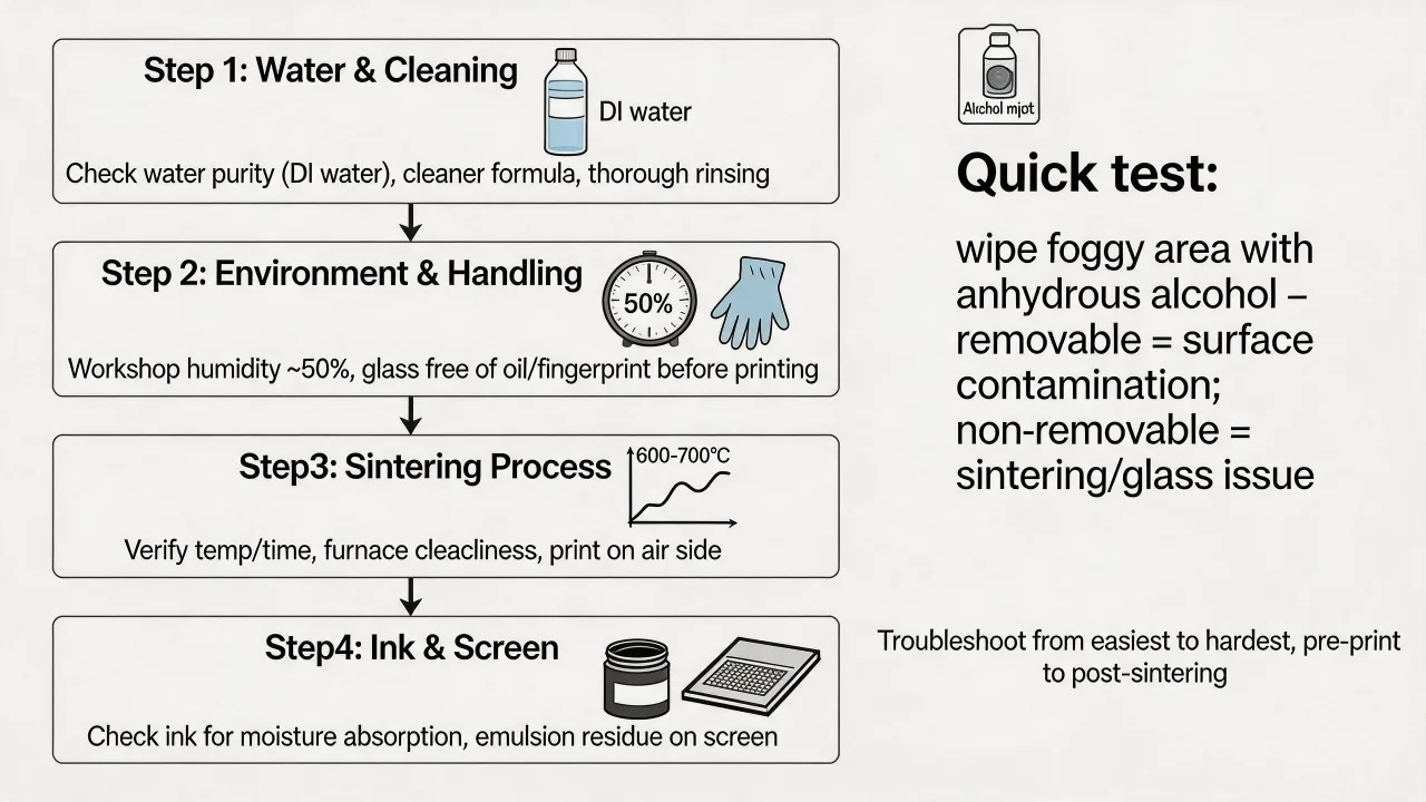Use staged samples and residue analysis to isolate when whitening or fogging first appears.